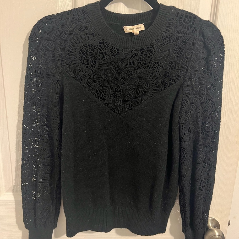 Rebecca Taylor Black Crew Neck Sweater with Lace Details